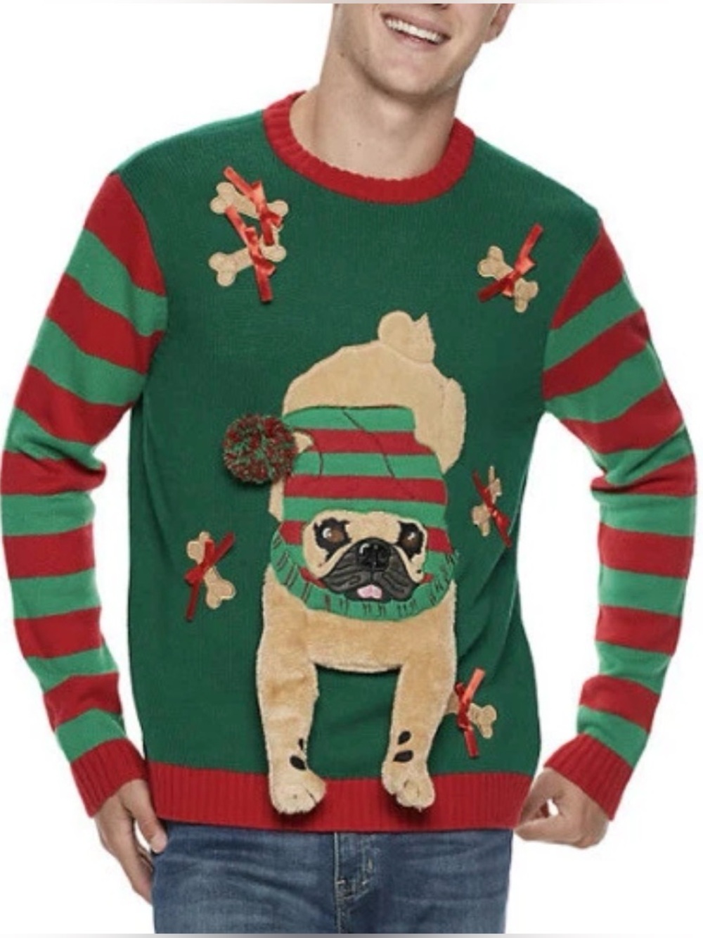 Funny & Cute! Green & Red Striped 4D Pug Ugly Christmas Crewneck Sweater Sz XL